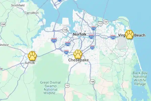 Map of Norfolk area with three yellow paw-print markers at Virginia Beach, Chesapeake, and Suffolk.