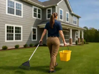 A pet waste removal technician in a navy shirt and khaki pants walks on a lawn toward a gray house, carrying a yellow poop scooping bucket in one hand and a poop scooping rake in the other.