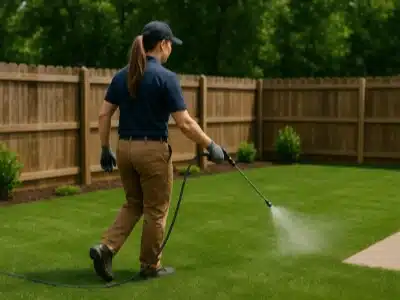 A pet waste removal technician wearing gloves and a cap sprays a lawn with deodorizing treatment in a fenced backyard, tending to the green grass near a patio on a sunny day.