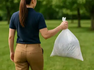 a pet waste removal technician seen holding a bag of dog poop for waste haul away service.